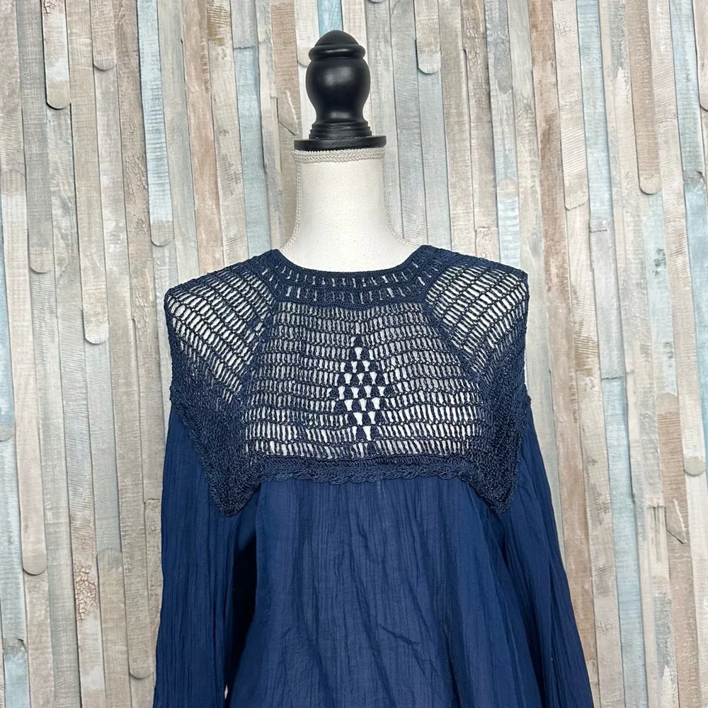 Free People M Navy Blue Gauze Crochet Lace Bib‎ Early Frost Top Blouse Boho